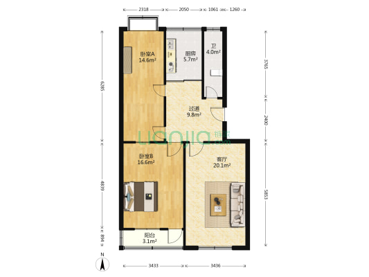 桃花山小区 2室1厅1卫 89平方