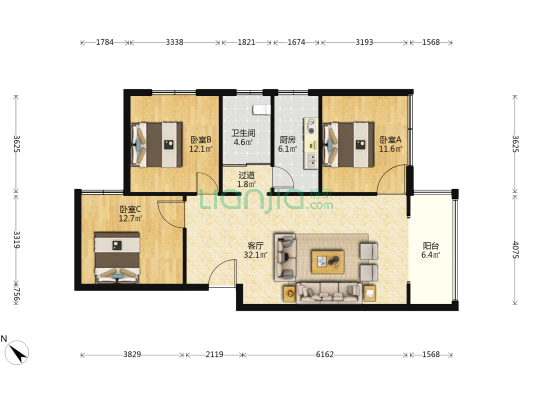 贵耐3期安置商住楼 3室1厅1卫 108平方