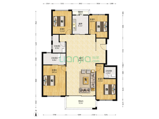 保利天空之城泊院北区 4室1厅3卫 165平方