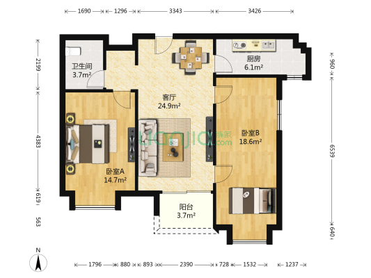 万科金域蓝湾 2室1厅1卫 95平方