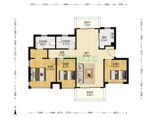 融创清城首府 3室1厅2卫 105平方