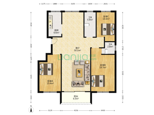 偕园小区 3室1厅2卫 145平方