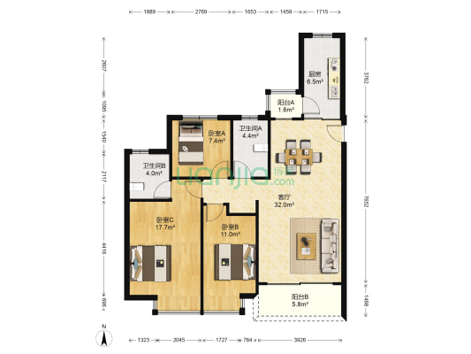 恒大悦澜湾 3室1厅2卫 122平方