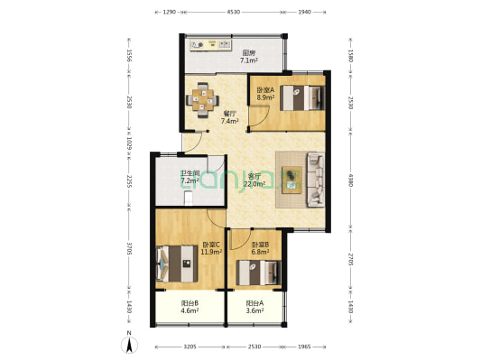邮电小区 3室2厅1卫 95平方
