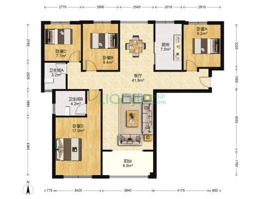 中建观湖国际1期 4室1厅2卫 131平方