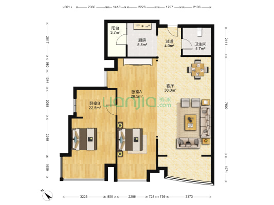 君临国际 2室1厅1卫 131平方
