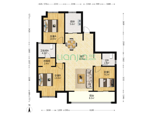 中建星光城一期 3室1厅2卫 126平方