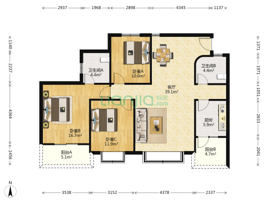 东城家园 3室1厅2卫 125平方