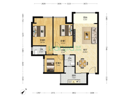 北滨上院 3室1厅2卫 97平方