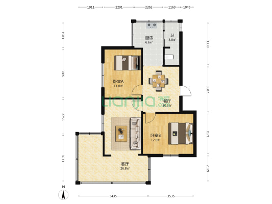 昆明市园林局住宅小区 2室2厅1卫 60平方