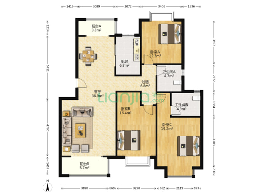 金盛田铂宫 3室1厅2卫 146平方