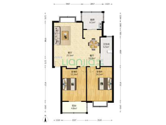 一舟茗莛 2室2厅1卫 103平方