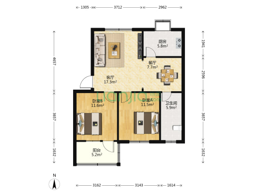 戒毒所宿舍 2室2厅1卫 81平方