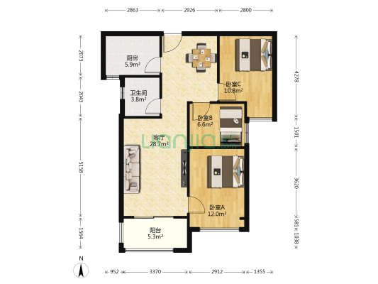 悦府尚书苑 3室1厅1卫 94平方