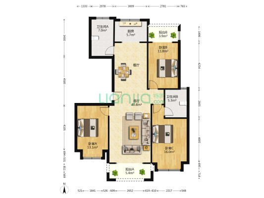 佳美豫园 3室1厅2卫 137平方