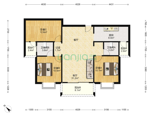 广电苑义园 3室1厅2卫 118平方