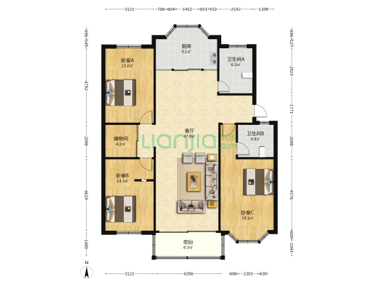 仙景花苑 3室1厅2卫 146平方