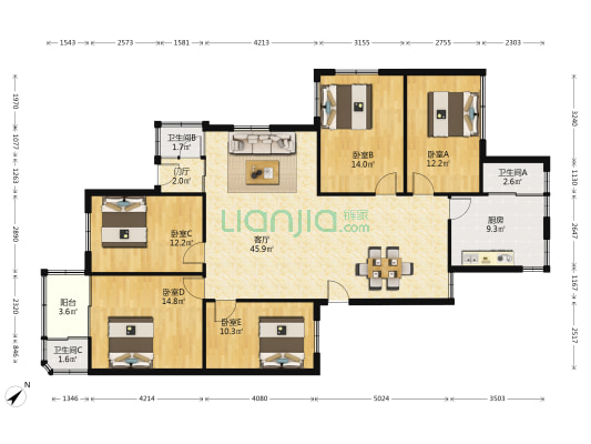 海王小区 5室1厅3卫 150平方
