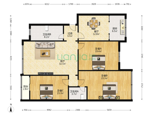 房管局公房 3室2厅2卫 147平方