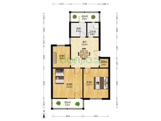 合肥师范学院宿舍 3室1厅1卫 81平方