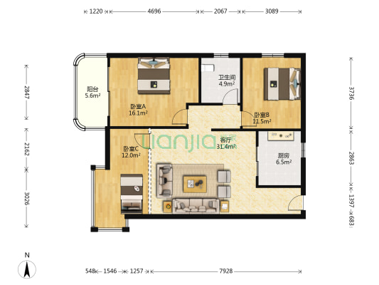 佳成大厦(公寓) 3室1厅1卫 110平方