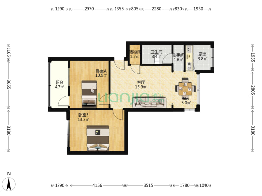 区工业局宿舍 2室2厅2卫 70平方