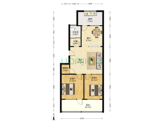 公交公司宿舍 2室2厅1卫 96平方