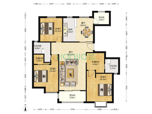 保利御樽苑二期 3室2厅2卫 136平方