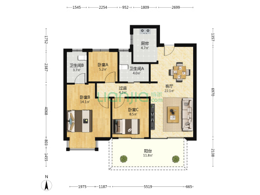 保利明玥江山 3室1厅2卫 97平方