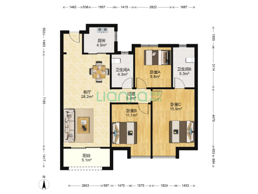 东原启城二期 3室1厅2卫 119平方