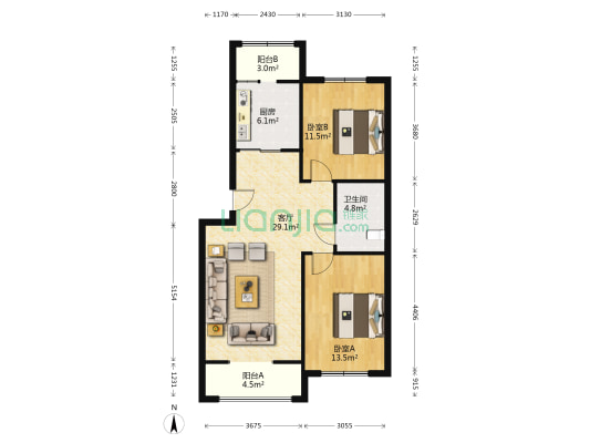 万科新城铃兰苑 2室1厅1卫 92平方