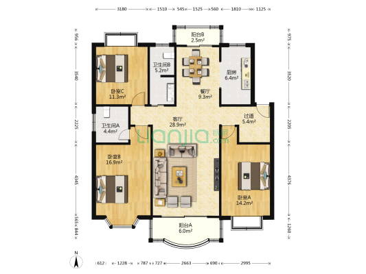 文怡花园 3室2厅2卫 133平方