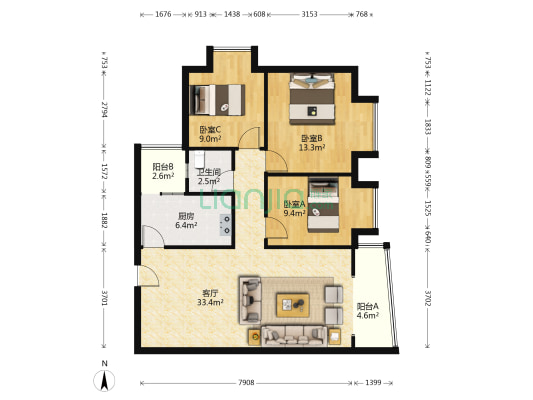美好阳光A区 3室1厅1卫 101平方