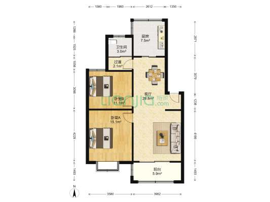丽岛花园 2室1厅1卫 92平方
