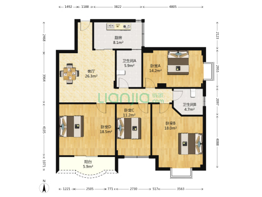 海景浪晴屿E区 4室1厅2卫 128平方