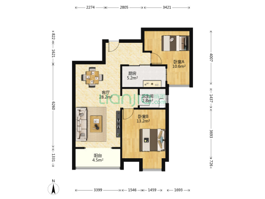 联想江城雅居 2室1厅1卫 85平方