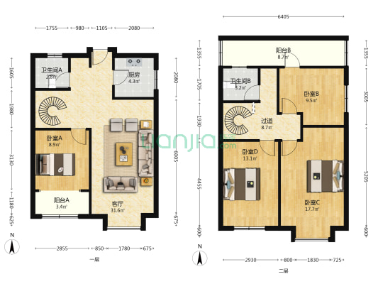 业主诚意出售，毛坯复式，楼层好，可以随意装。-户型图