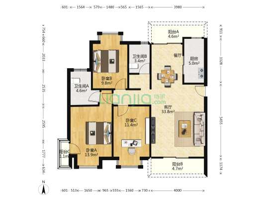 金地花园 3室1厅2卫 121平方