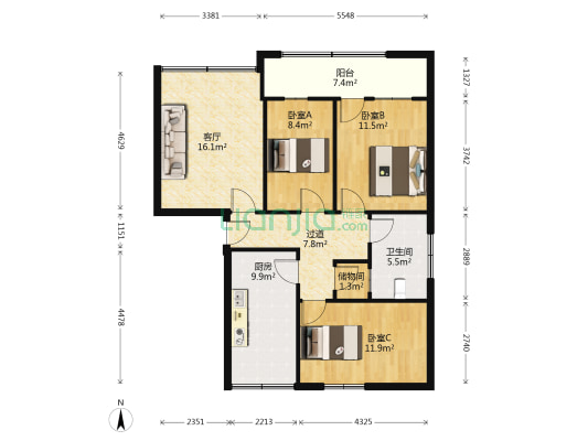 贸易公司宿舍楼 3室1厅1卫 86平方