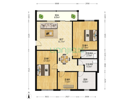 越华大厦 3室1厅2卫 124平方