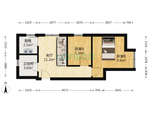 阳光驿城 2室1厅1卫 52平方