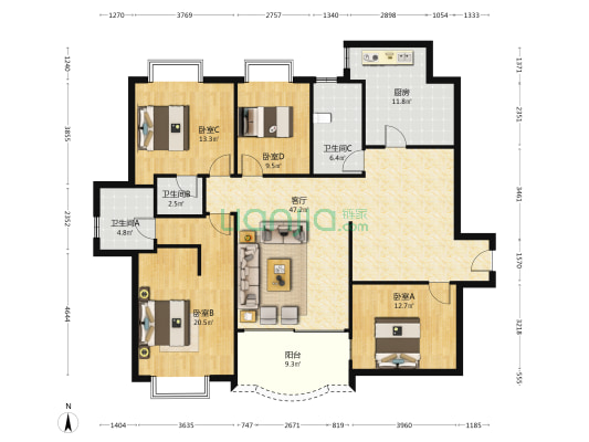 雅宝新城亚瑟公馆(五区) 4室1厅3卫 169平方