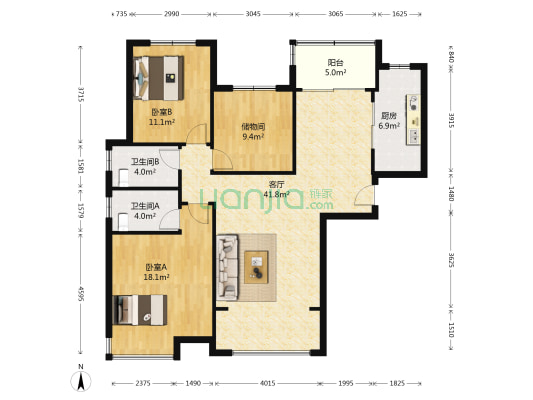 恒大都市广场 2室1厅2卫 143平方