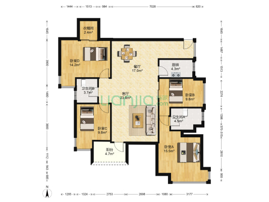 东方银座中心城 4室2厅2卫 140平方