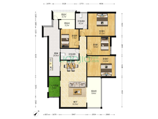 宏坤中央公园 4室1厅2卫 125平方