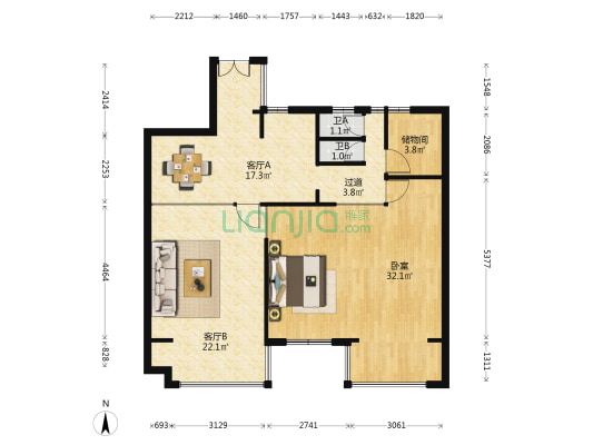 天翼花园 1室2厅2卫 100平方