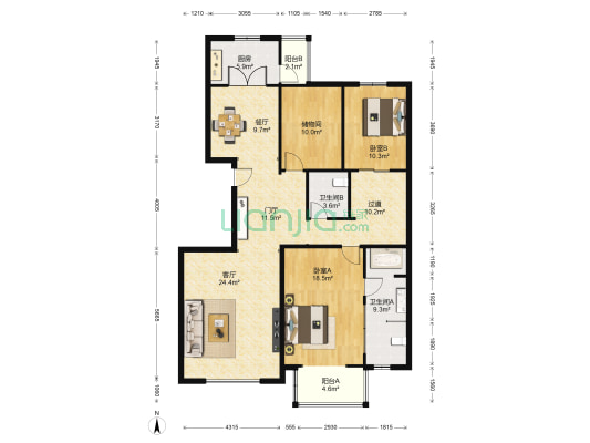 紫金长安 2室2厅2卫 159平方