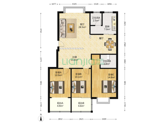 景芳新寓 3室1厅2卫 118平方