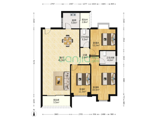 汇景骏园 3室1厅2卫 110平方