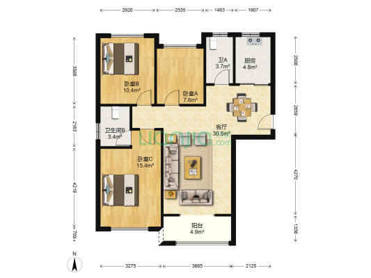 翡翠云天 3室1厅2卫 96平方